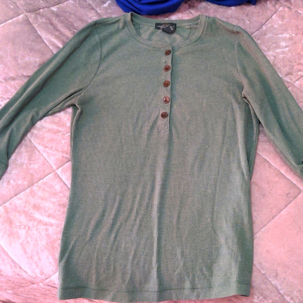 LRL Lauren Jeans Co. By Ralph Lauren Green Slim Waffle-Knit Cotton Henley (M)